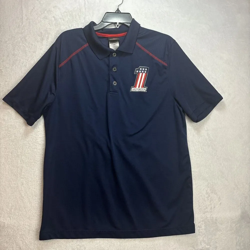 Harley Davidson Motorcycles #1 USA Polo Shirt Navy Blue Mens L Large Sarasota FL - Picture 1 of 9